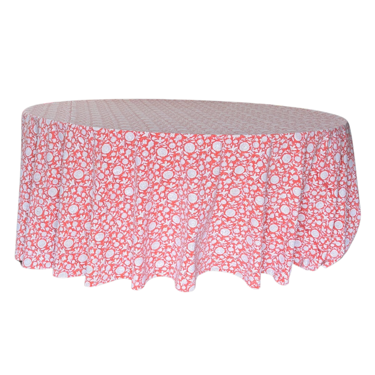 The Cora: Coral Orange + White Floral Table Linen - 127" Round