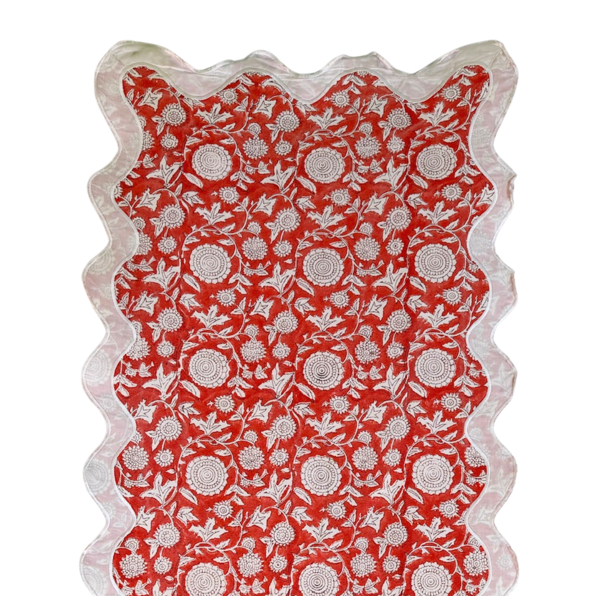 The Cora: Coral Orange + White Floral Table Linen - 124" x 20" Runner