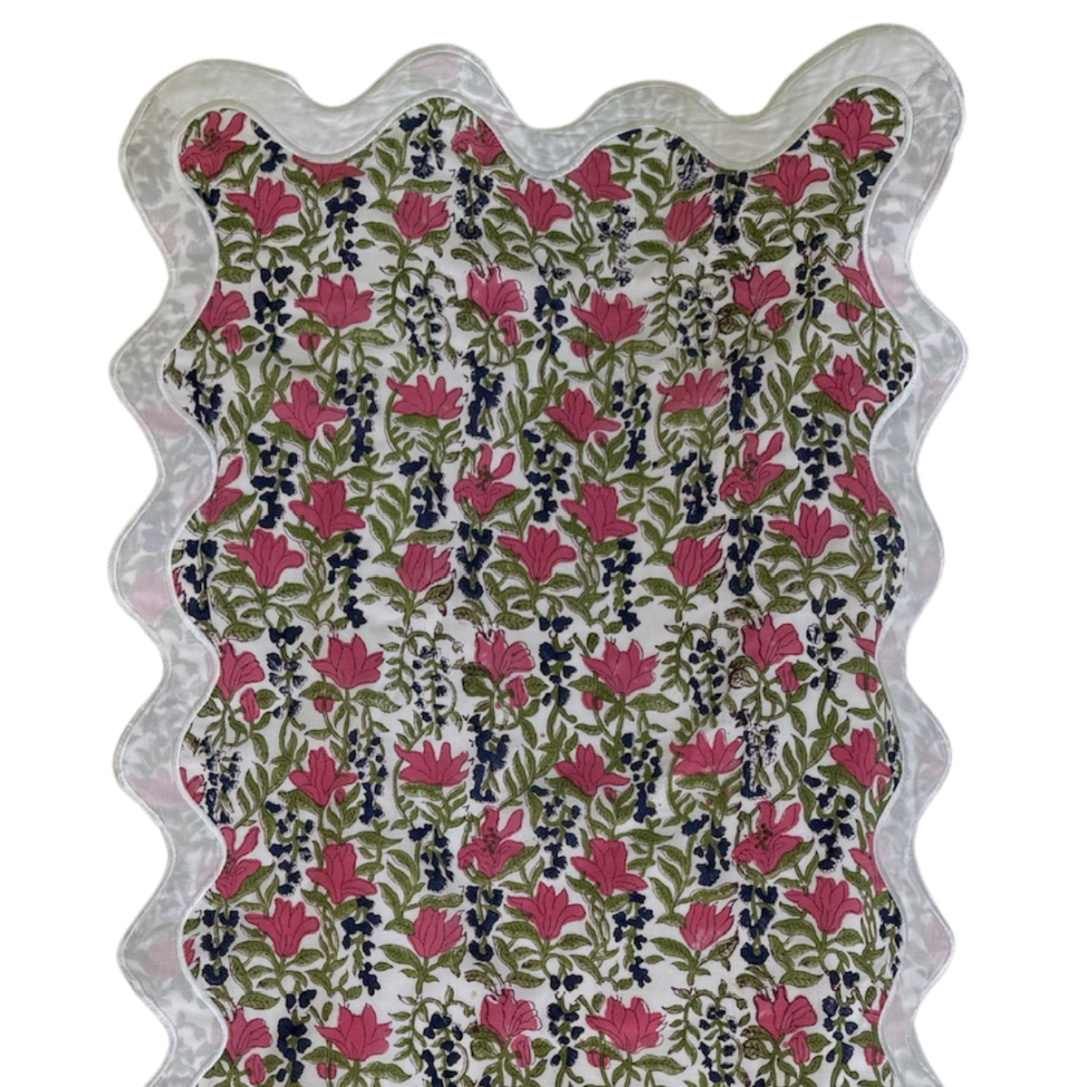 The Ivy: Punch Pink + Blue Floral Table Linen - 124" x 20" Runner