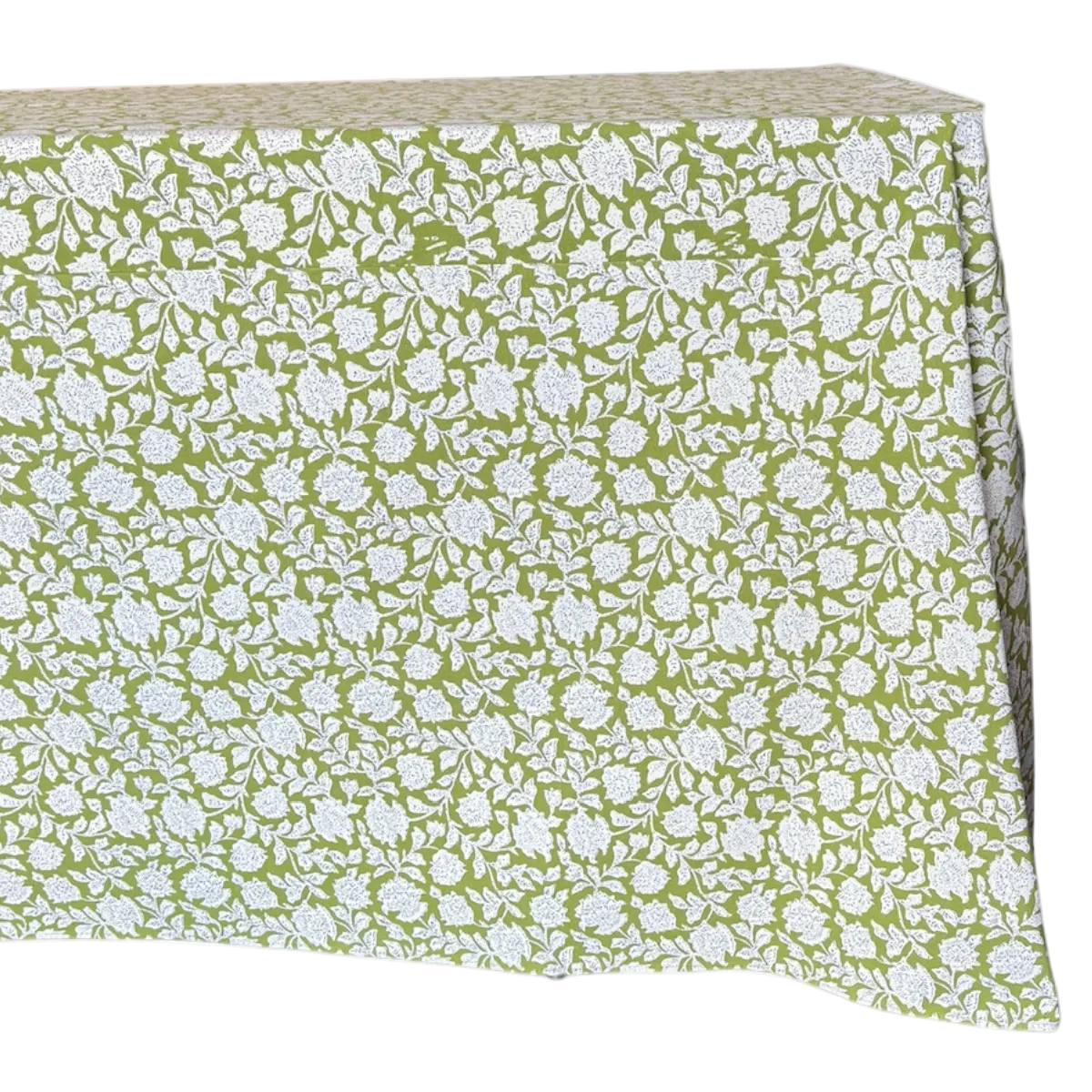The Annabelle: Basil Green + White Floral Table Linen - 156 x 108" Rectangle