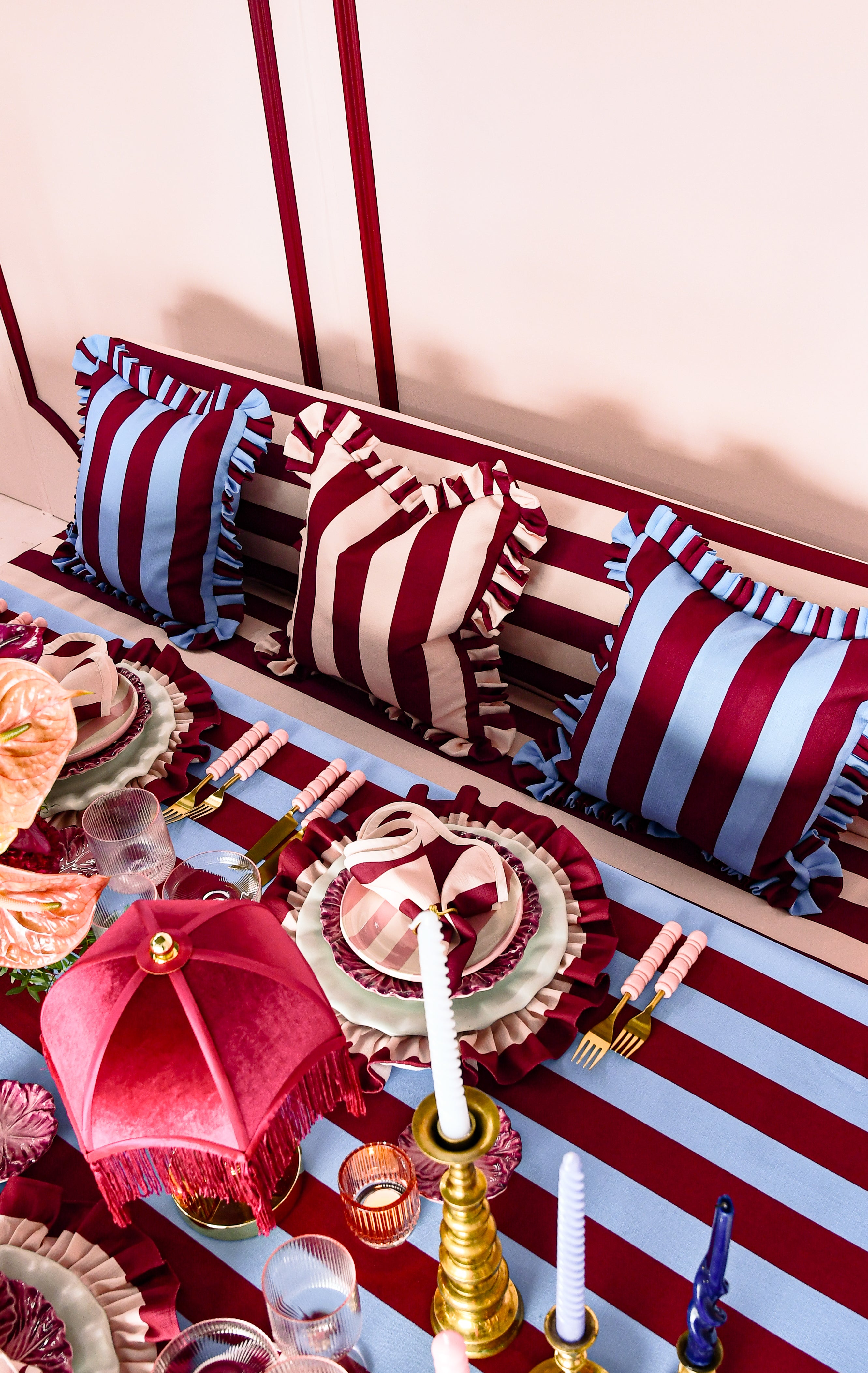 The Acai Burgundy Striped Ruffled Pillow