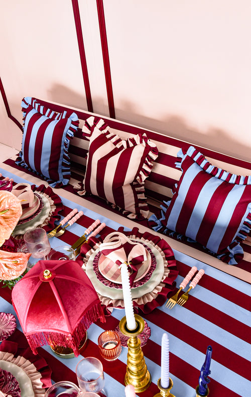 The Acai Burgundy Striped Ruffled Pillow