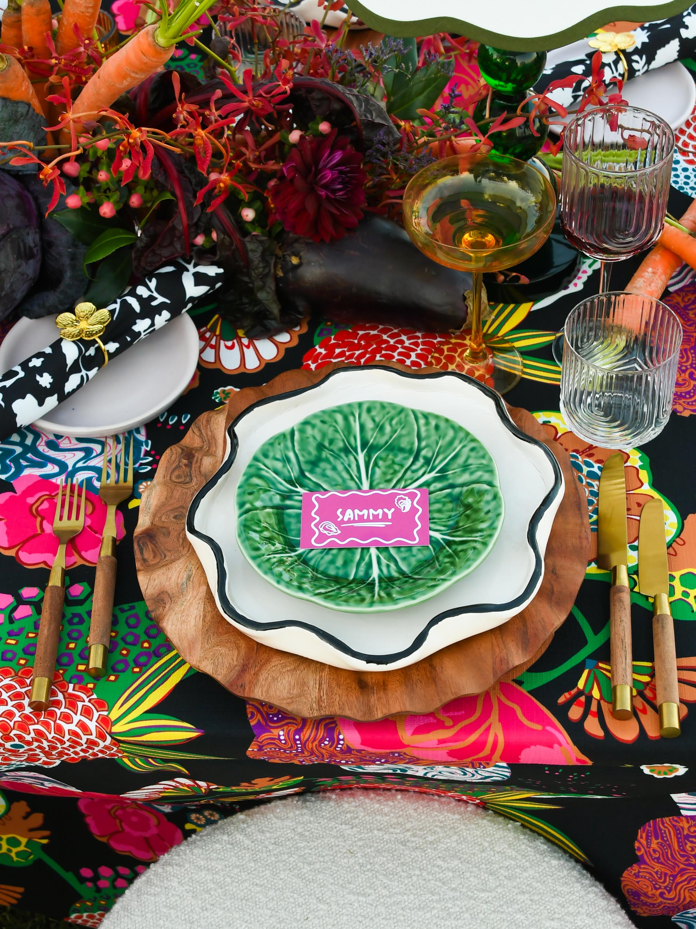 The Wednesday Black and Pink Floral Round Table Linen